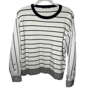 Luisa Cerano White & Navy Round Neck Striped Blouse Women's 8